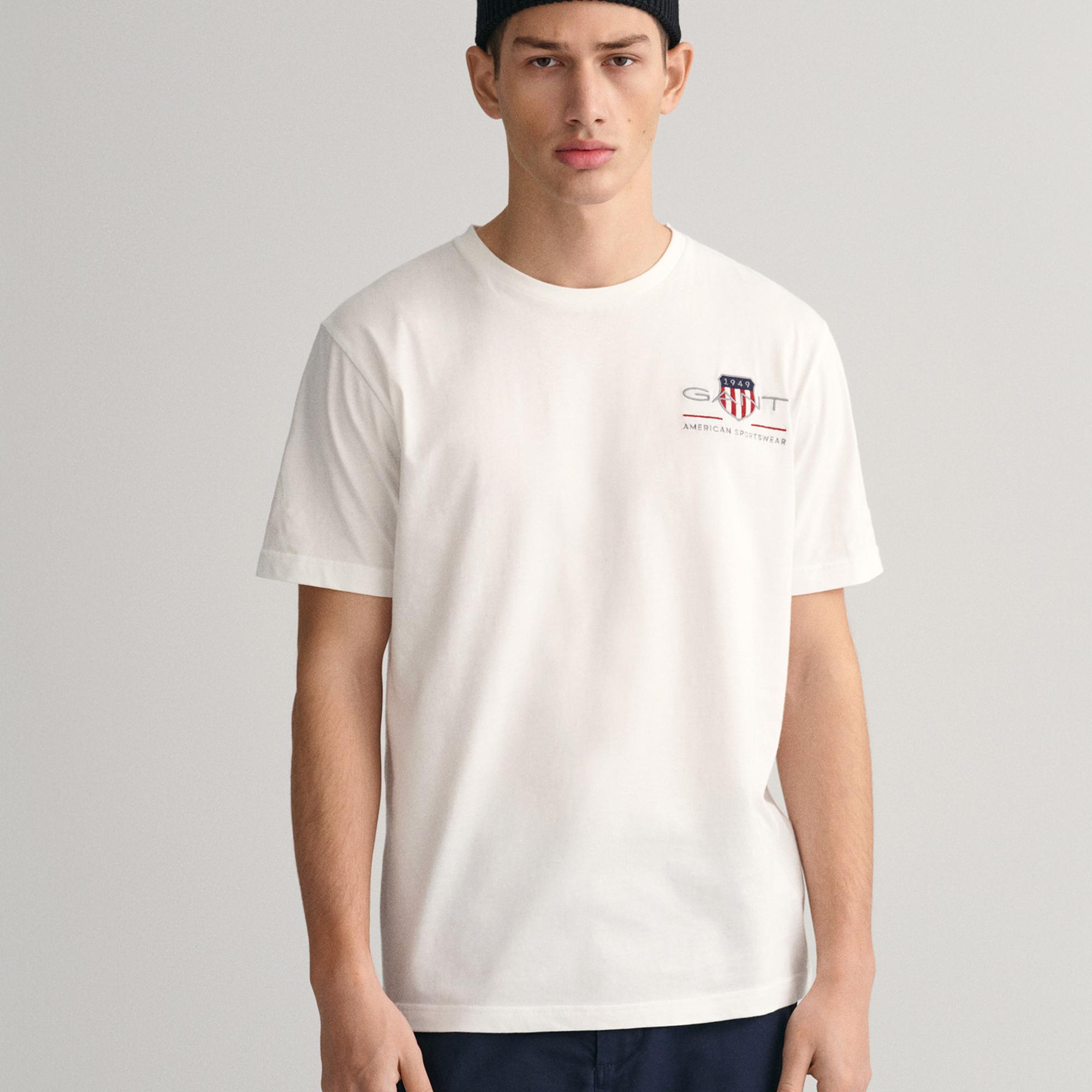 GANT Erkek Beyaz Regular Fit Bisiklet Yaka Logolu T-shirt