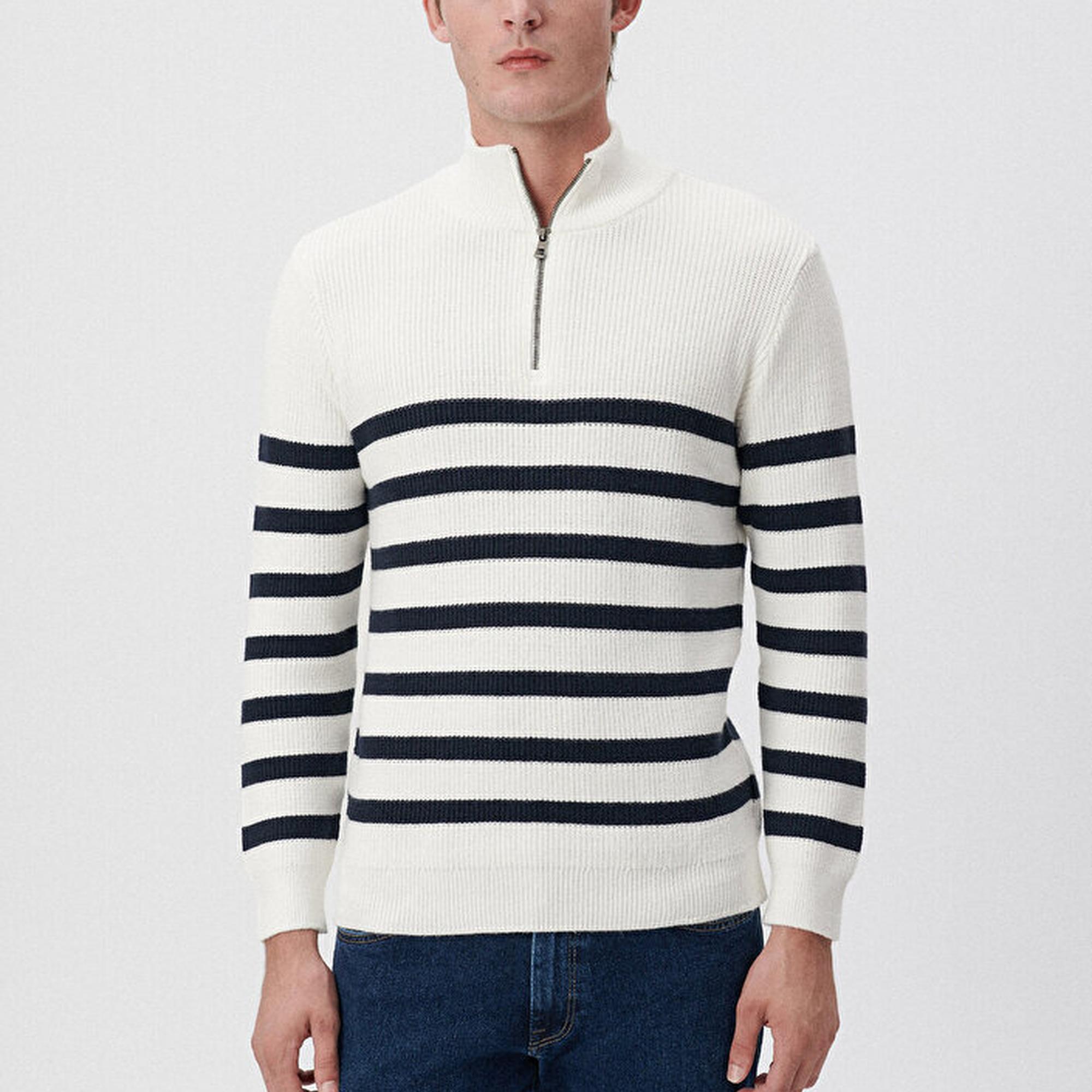 Mavi Çizgili Beyaz Kazak Slim Fit / Dar Kesim 0710131-70057