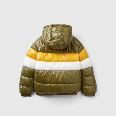  Benetton Şerit Detaylı Parlak Pufa Çocuk Haki Mont