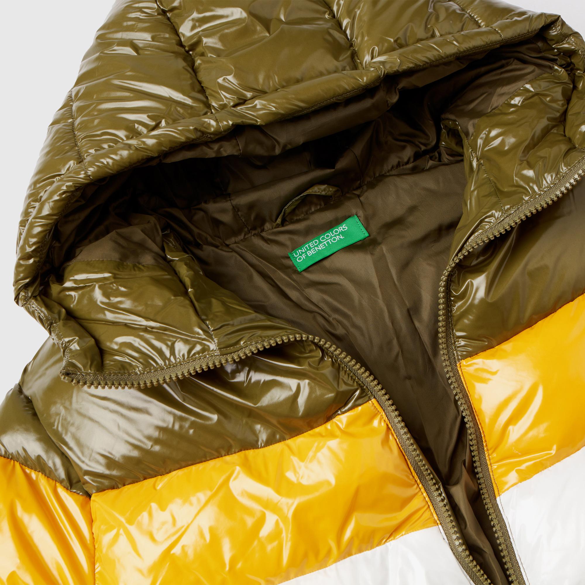 Benetton Şerit Detaylı Parlak Pufa Çocuk Haki Mont