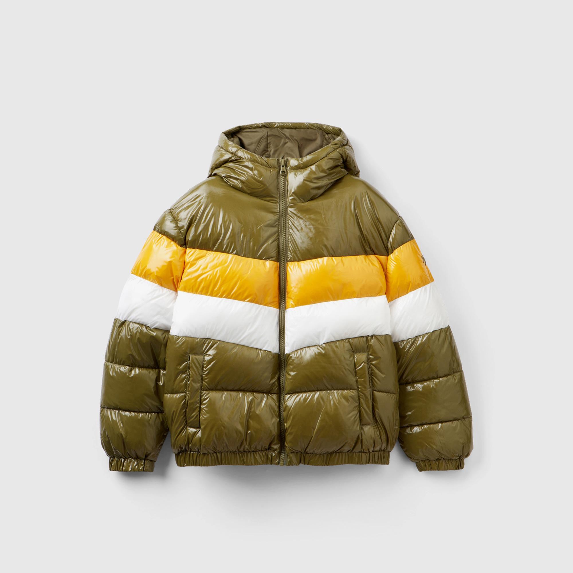 Benetton Şerit Detaylı Parlak Pufa Çocuk Haki Mont