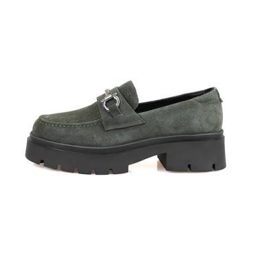  Kadın Yeşil Toka Aksesuarlı Süet Deri Loafer