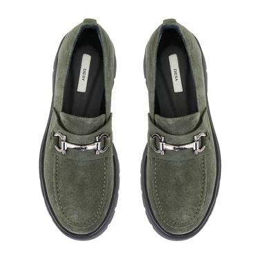 Kadın Yeşil Toka Aksesuarlı Süet Deri Loafer