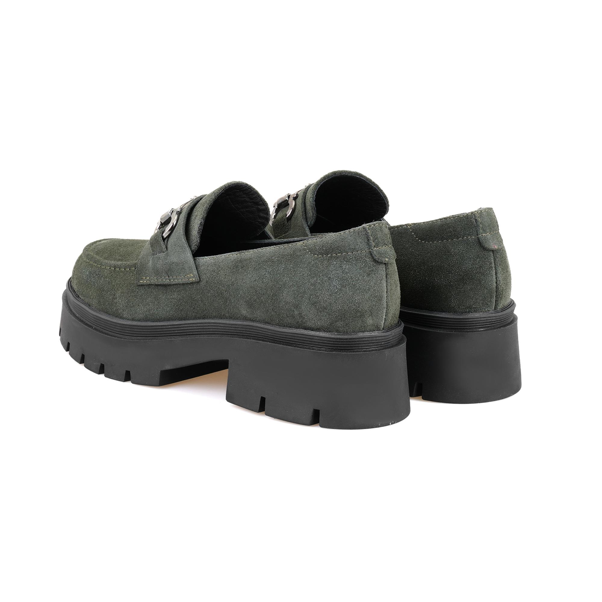 Kadın Yeşil Toka Aksesuarlı Süet Deri Loafer