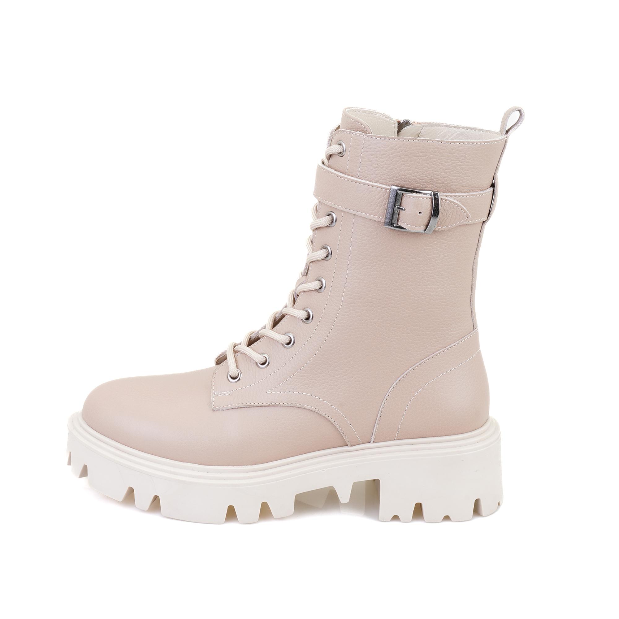 Kadın Bej Fermuarlı Deri Bot