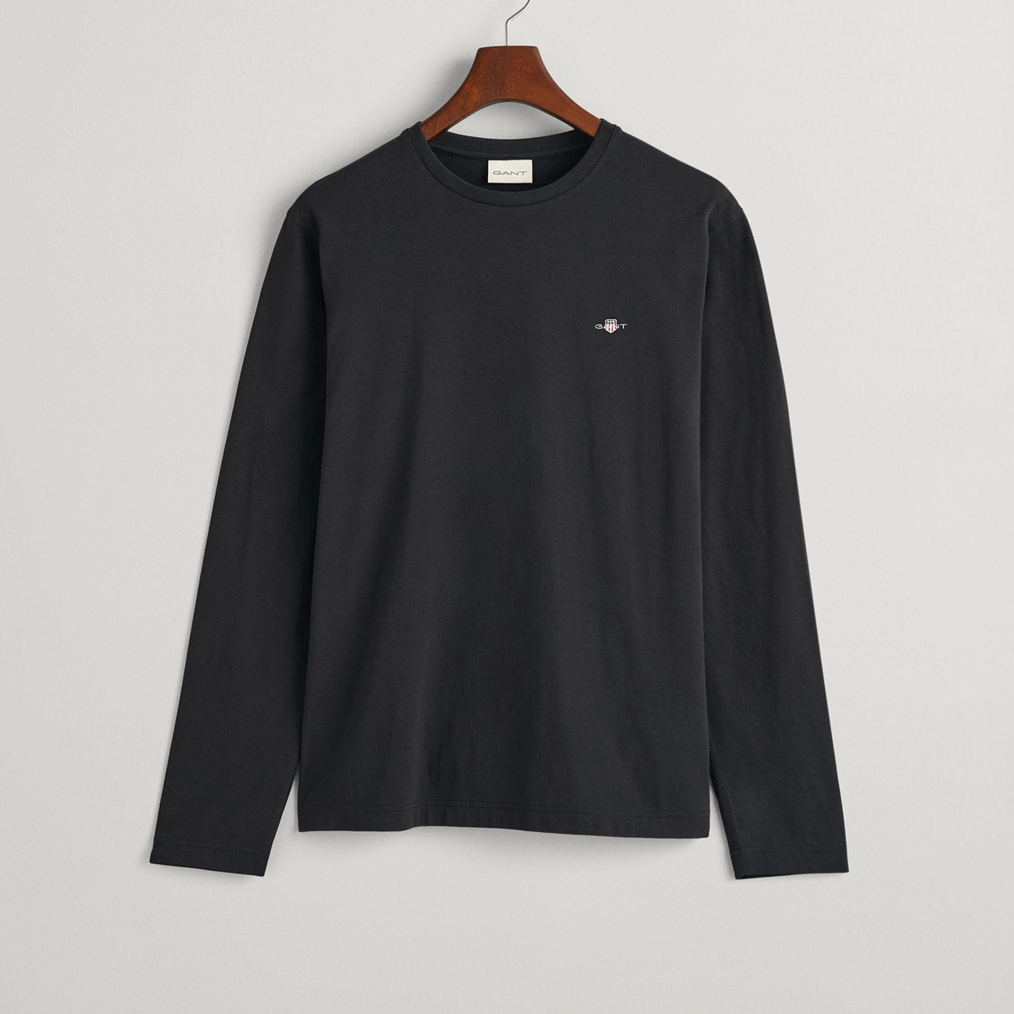 GANT Erkek Siyah Regular Fit Bisiklet Yaka Uzun Kollu T-Shirt