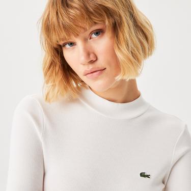  Lacoste Kadın Slim Fit Uzun Kollu Bisiklet Yaka Beyaz T-Shirt