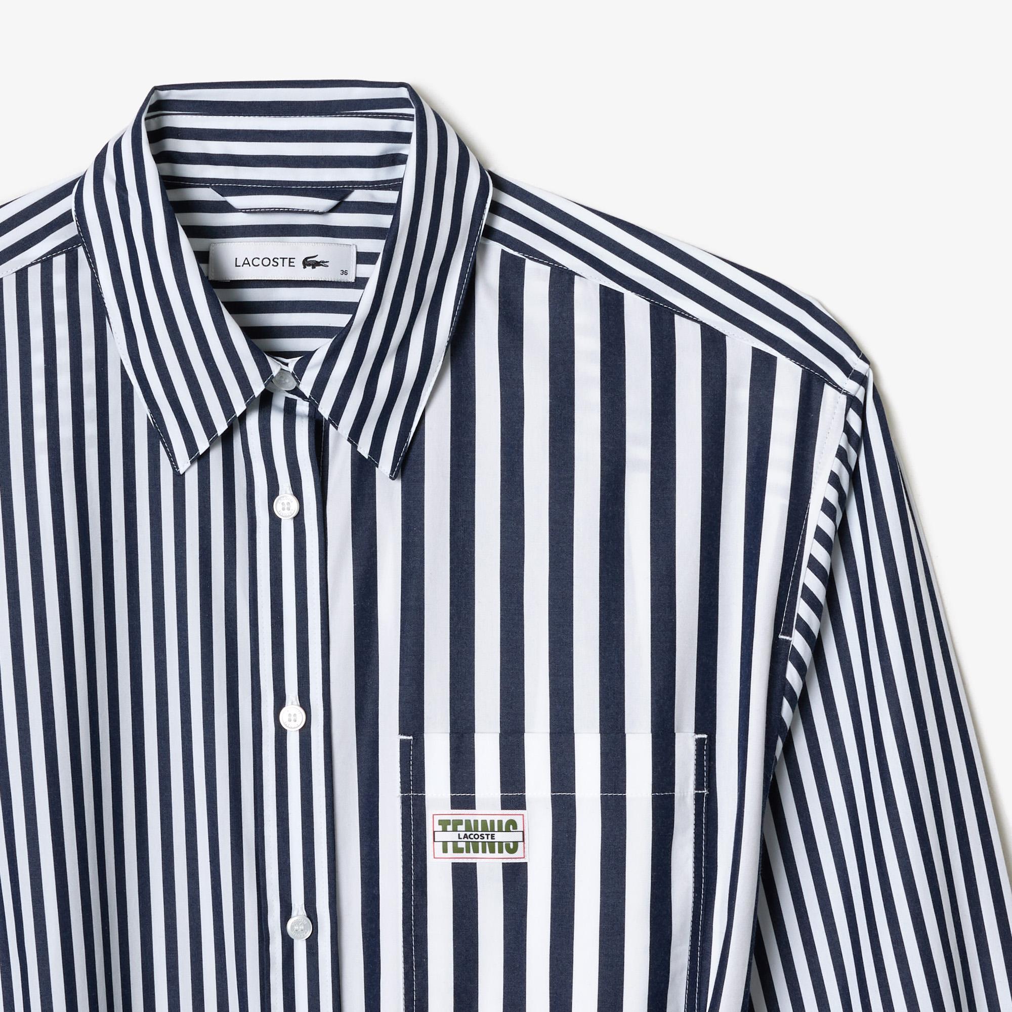 Kadın Regular Fit Uzun Kollu Gömlek Yaka Çizgili Beyaz Elbise