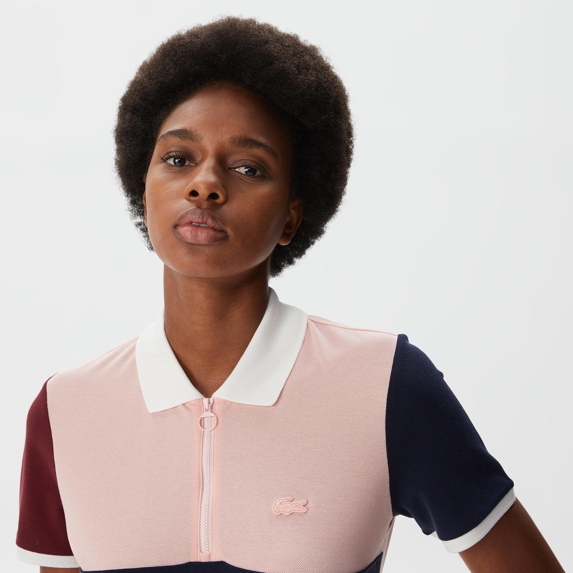 Kadın Loose Fit Yarım Fermuarlı Renk Bloklu Pembe Polo