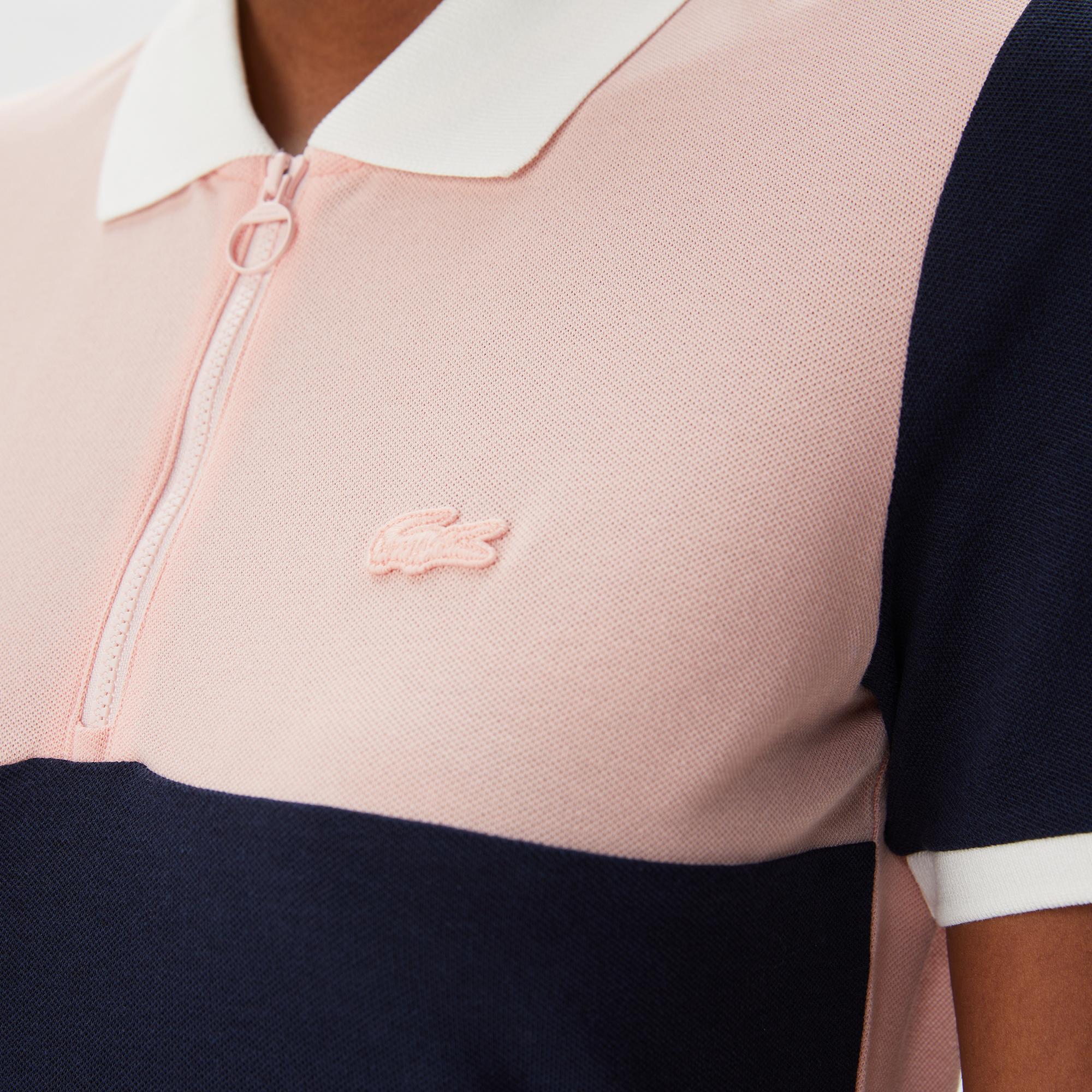 Kadın Loose Fit Yarım Fermuarlı Renk Bloklu Pembe Polo