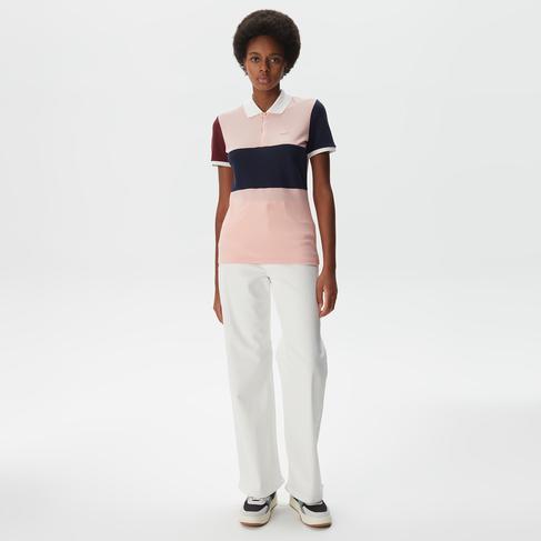  Kadın Loose Fit Yarım Fermuarlı Renk Bloklu Pembe Polo