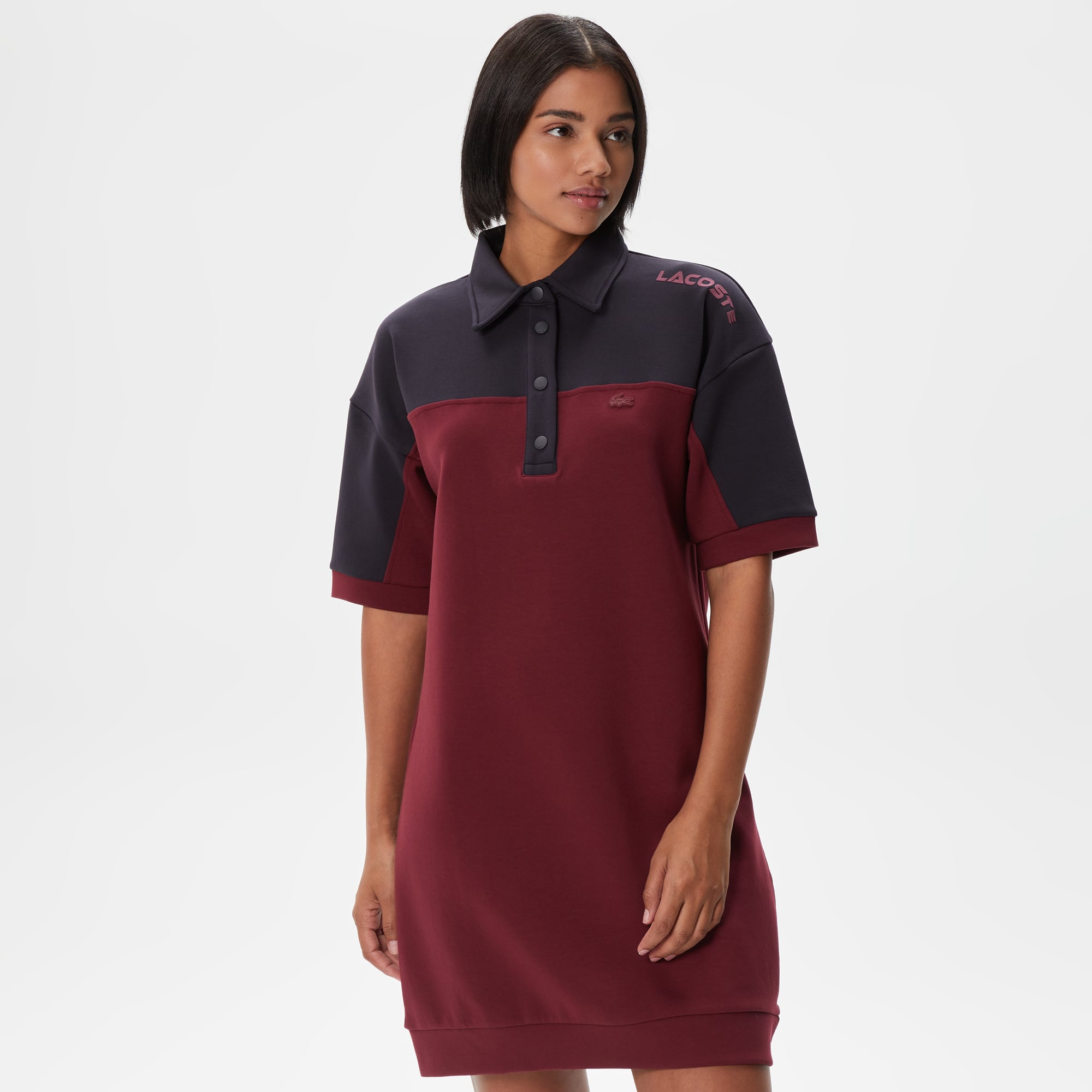  Kadın Regular Fit Kısa Kollu Polo Yaka Renk Bloklu Bordo Elbise