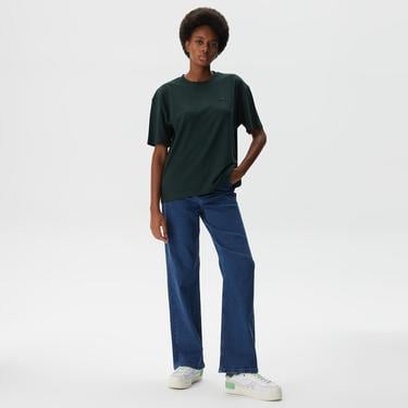  Kadın Relaxed Fit Bisiklet Yaka Koyu Yeşil T-Shirt