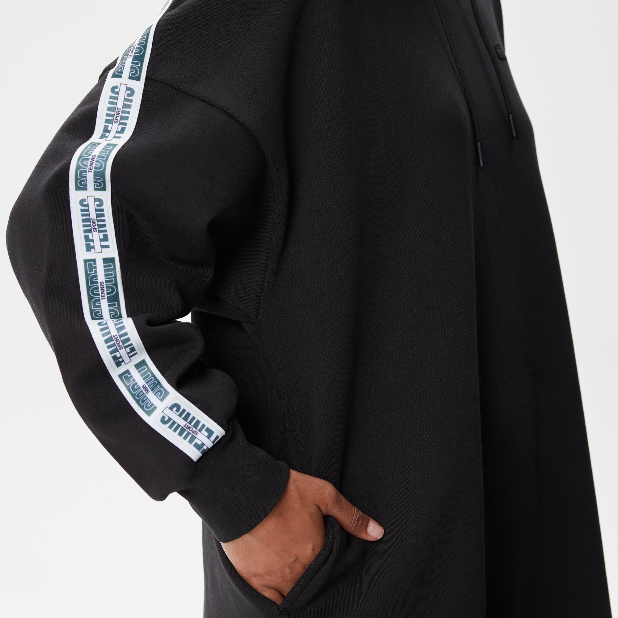 Kadın Loose Fit Truvakar Kollu Kapüşonlu Baskılı Siyah Elbise