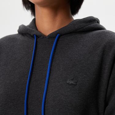  Kadın Loose Fit Uzun Kollu Kapüşonlu Desenli Siyah Elbise