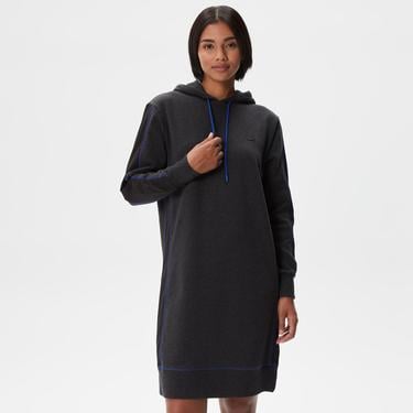  Kadın Loose Fit Uzun Kollu Kapüşonlu Desenli Siyah Elbise