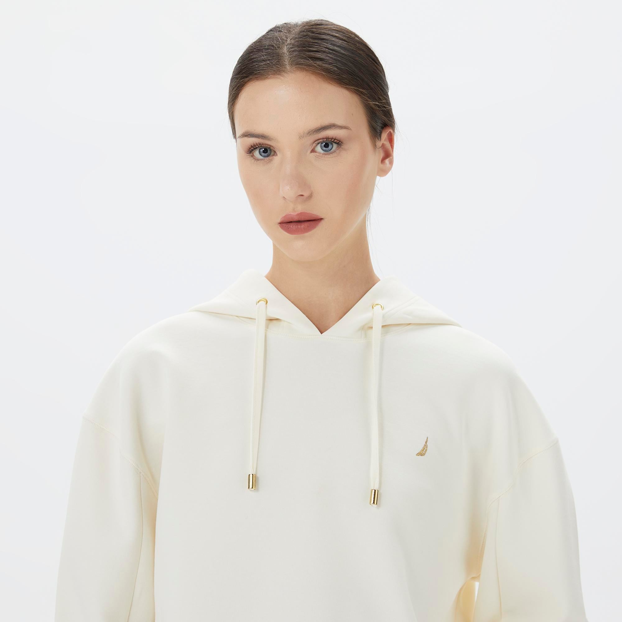Nautica Kadın Beyaz Relaxed Fit Kapüşonlu Hoodie