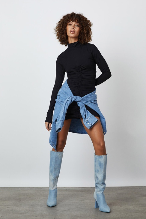  Drapeli Uzun Kollu Elbise