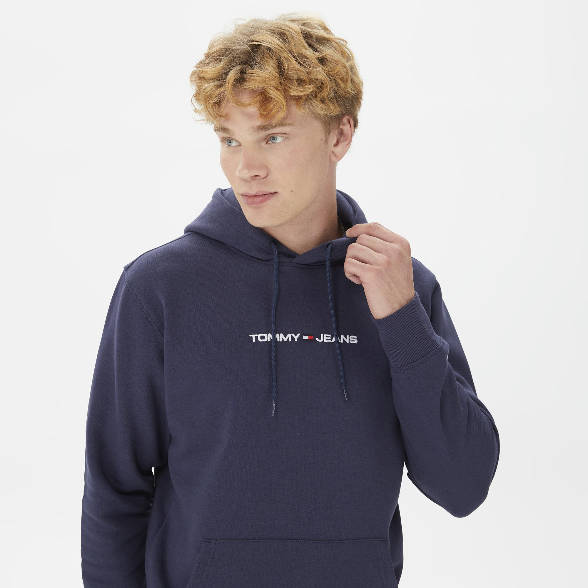 Tommy Jeans Regular Linear Hoodie Erkek Mavi Sweatshirt