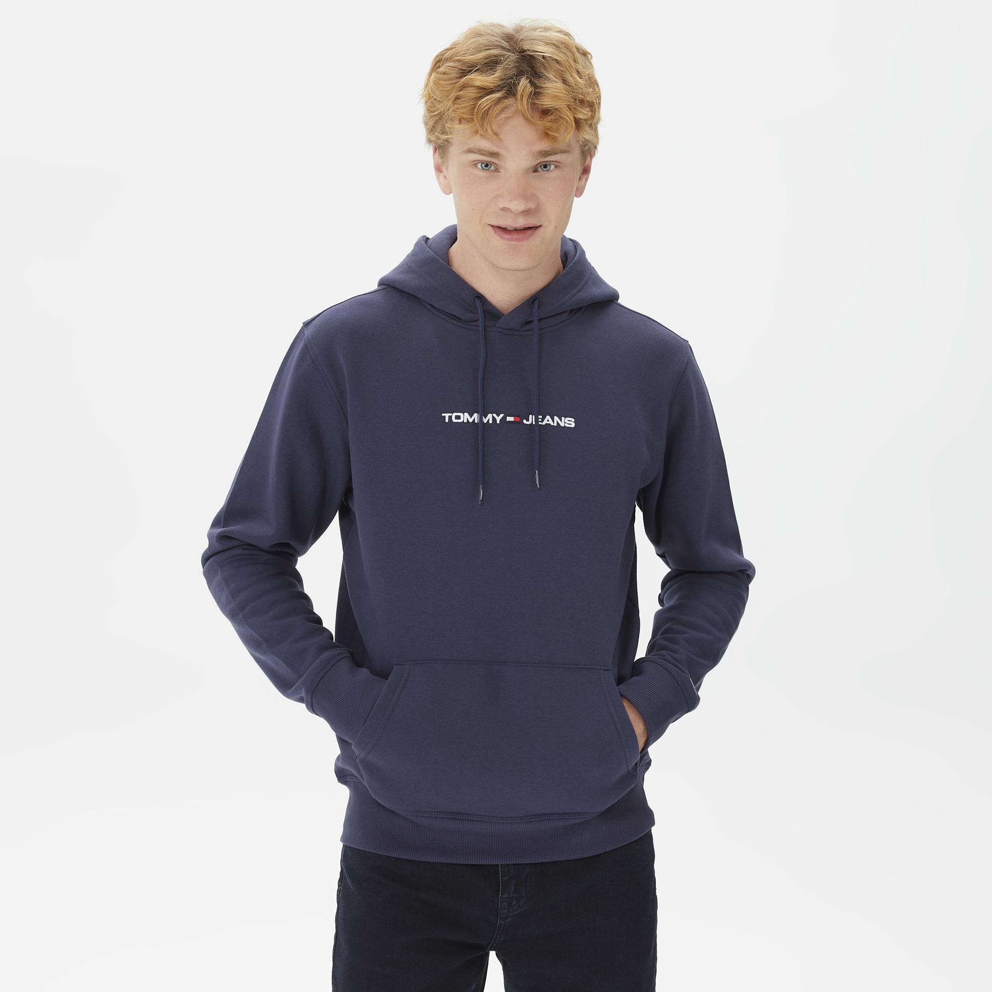 Tommy Jeans Regular Linear Hoodie Erkek Mavi Sweatshirt