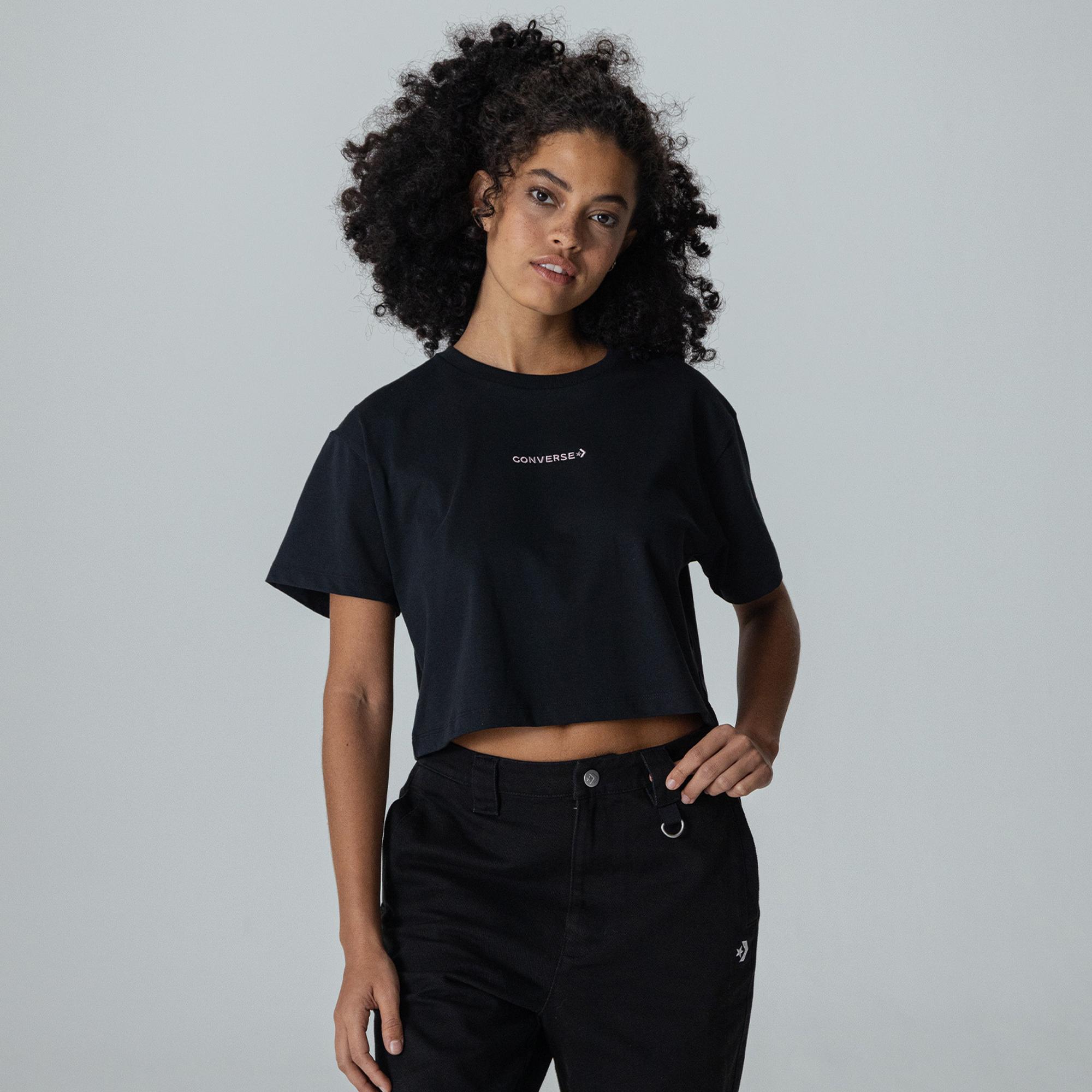 Converse Converse Wordmark Cropped Kadın Siyah T-Shirt