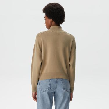  Kadın Relaxed Fit Yarım Fermuarlı Krem Triko