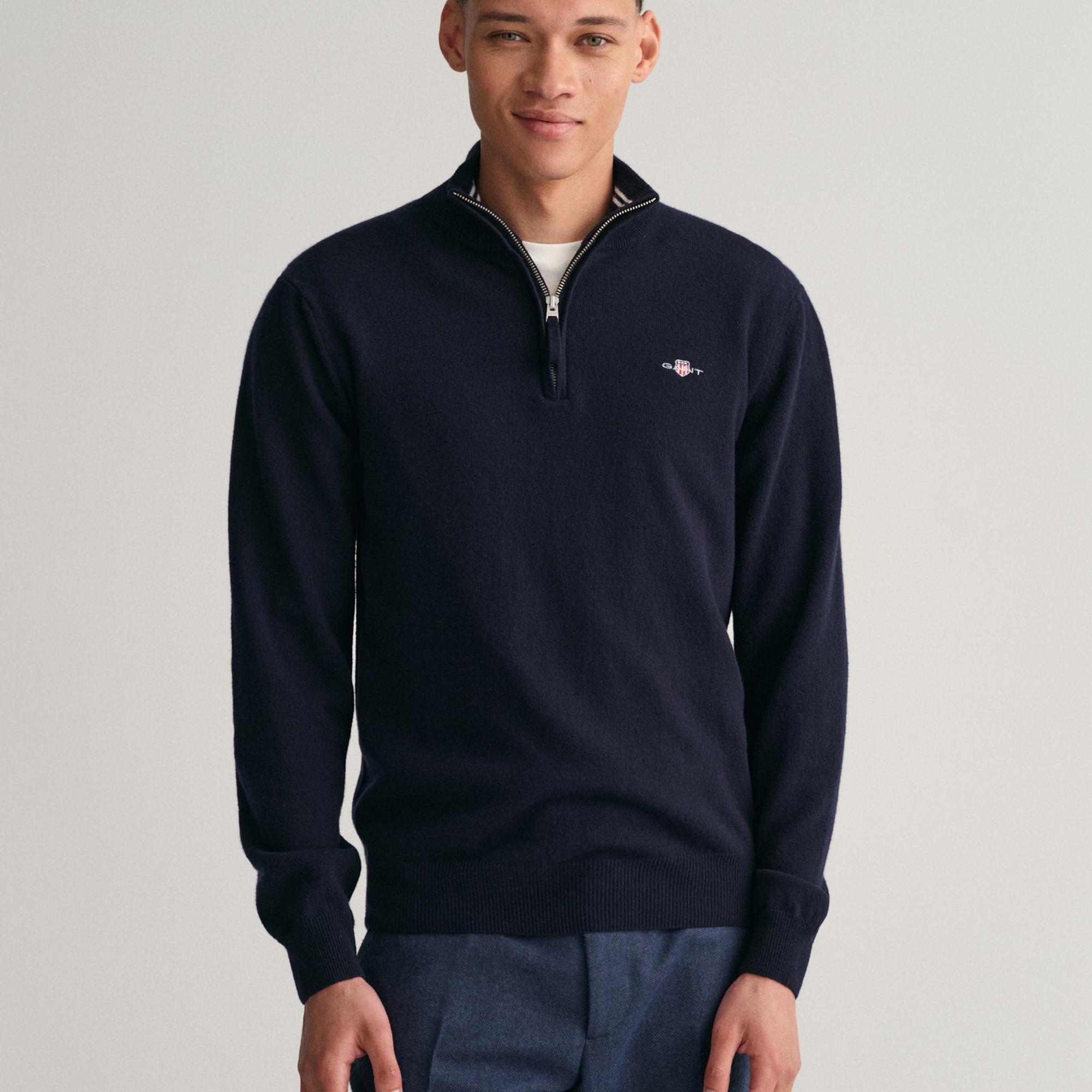 GANT Erkek Lacivert Regular Fit Yarım Fermuarlı Yün Kazak