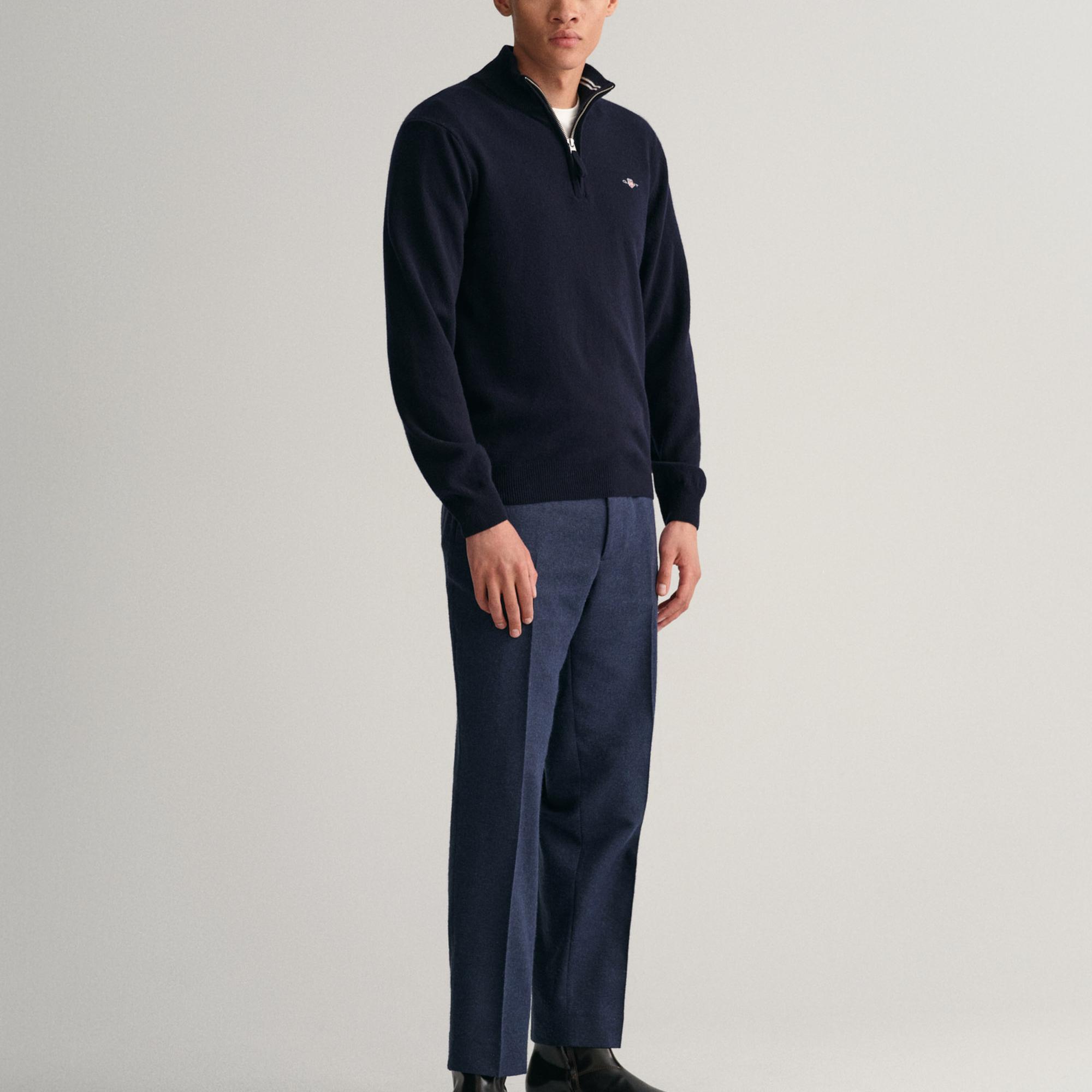 GANT Erkek Lacivert Regular Fit Yarım Fermuarlı Yün Kazak