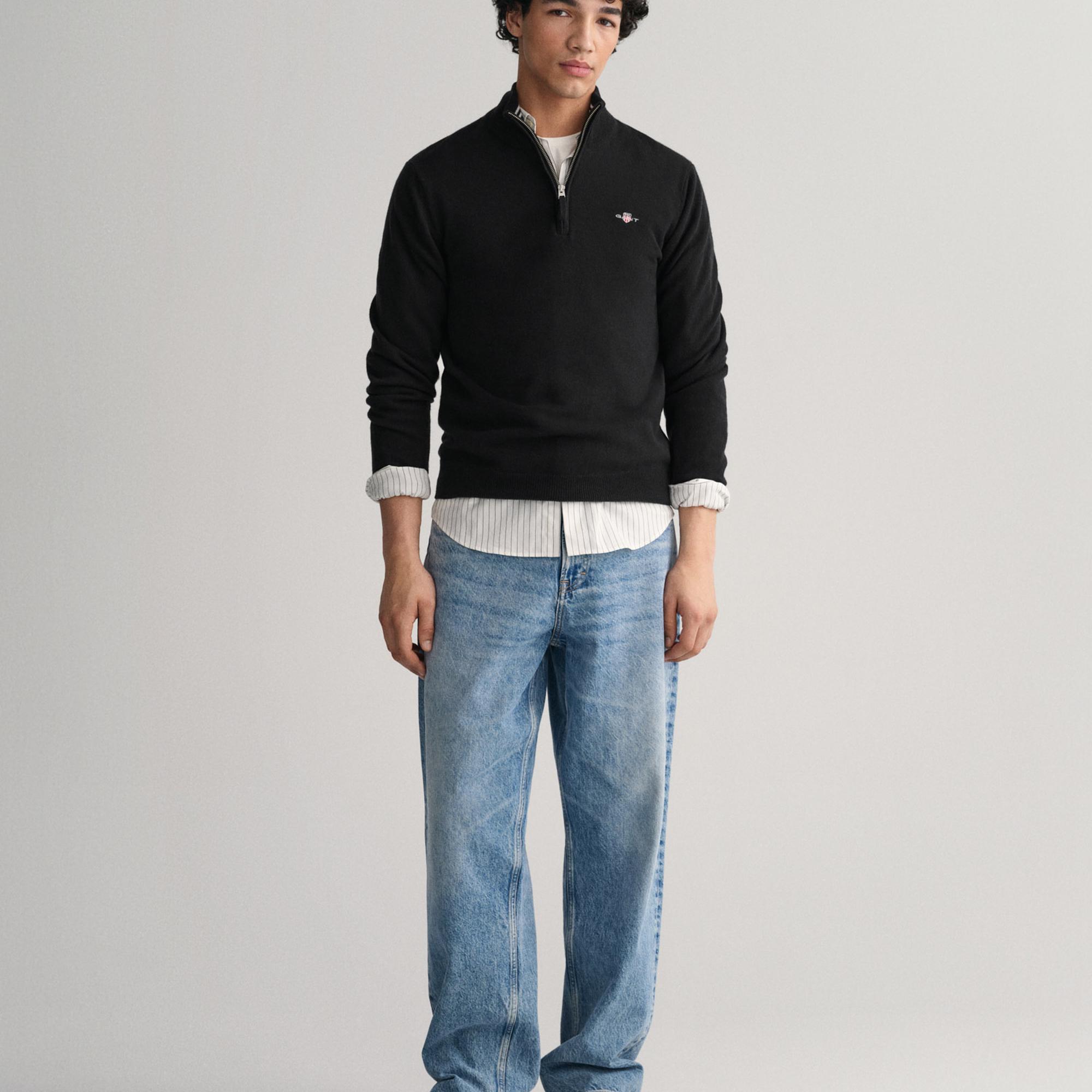 GANT Erkek Siyah Regular Fit Yarım Fermuarlı Yün Kazak