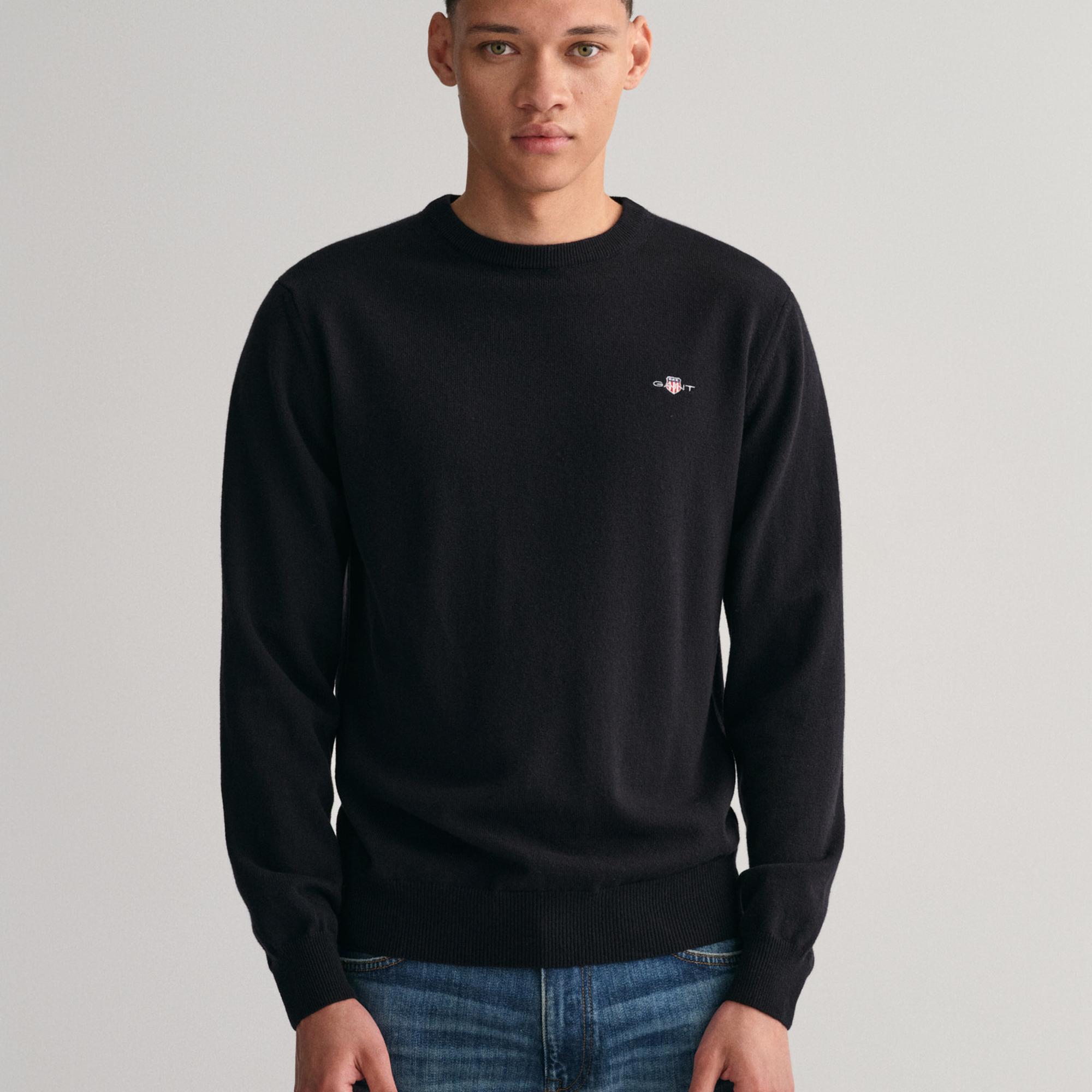 GANT Erkek Siyah Regular Fit Bisiklet Yaka Yün Kazak