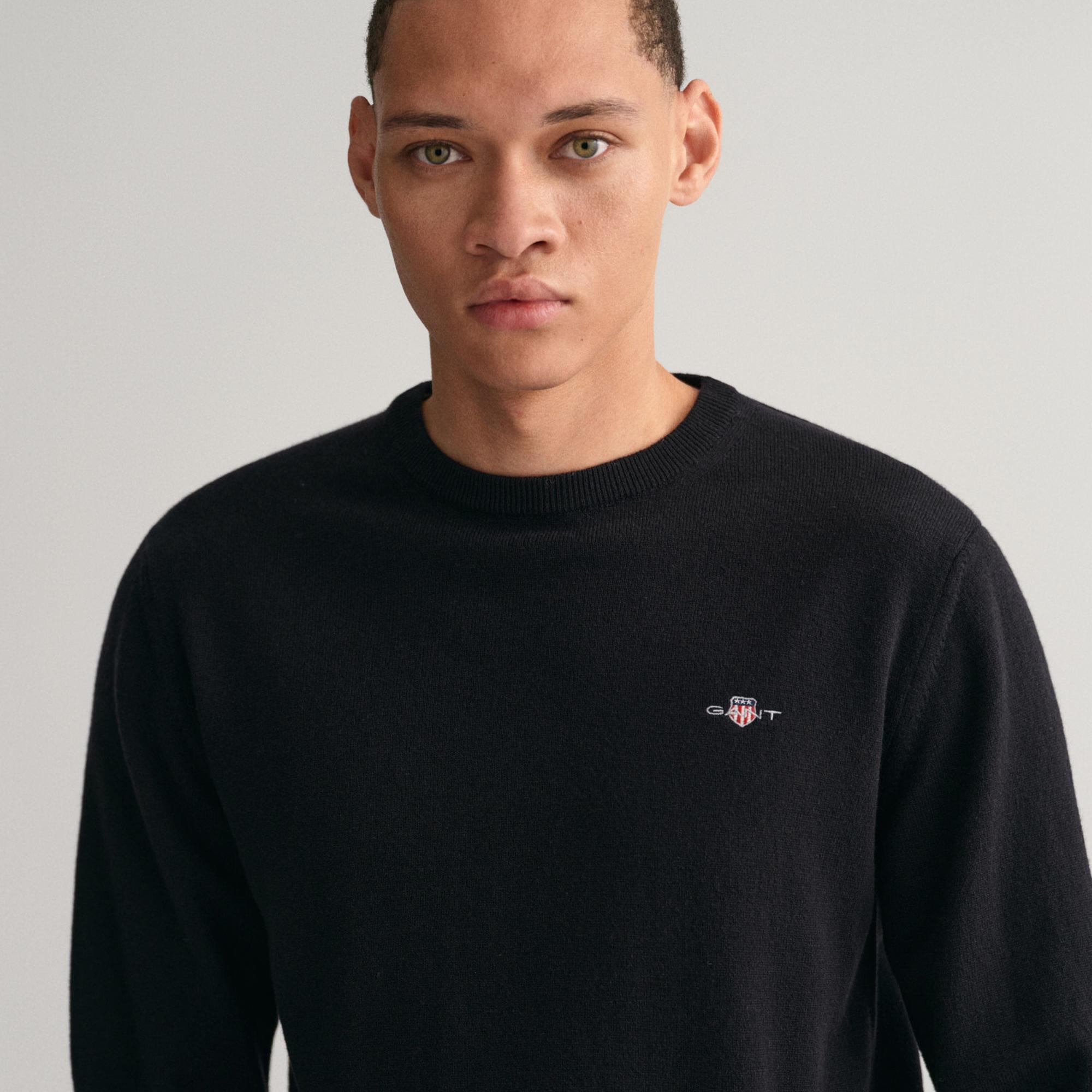 GANT Erkek Siyah Regular Fit Bisiklet Yaka Yün Kazak