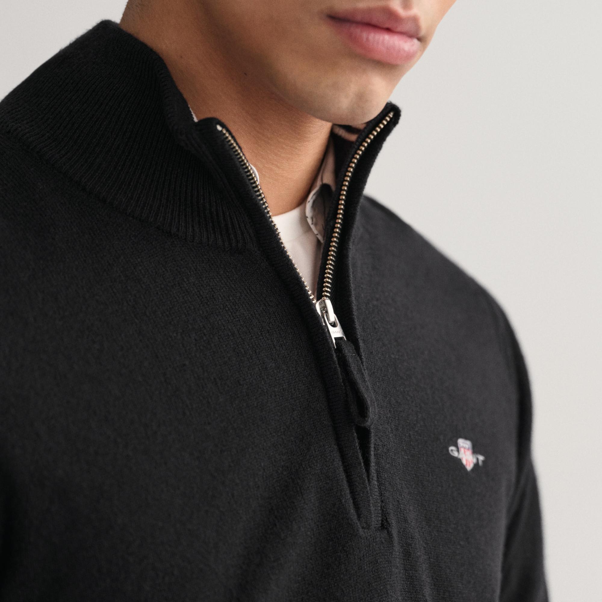 GANT Erkek Siyah Regular Fit Yarım Fermuarlı Yün Kazak