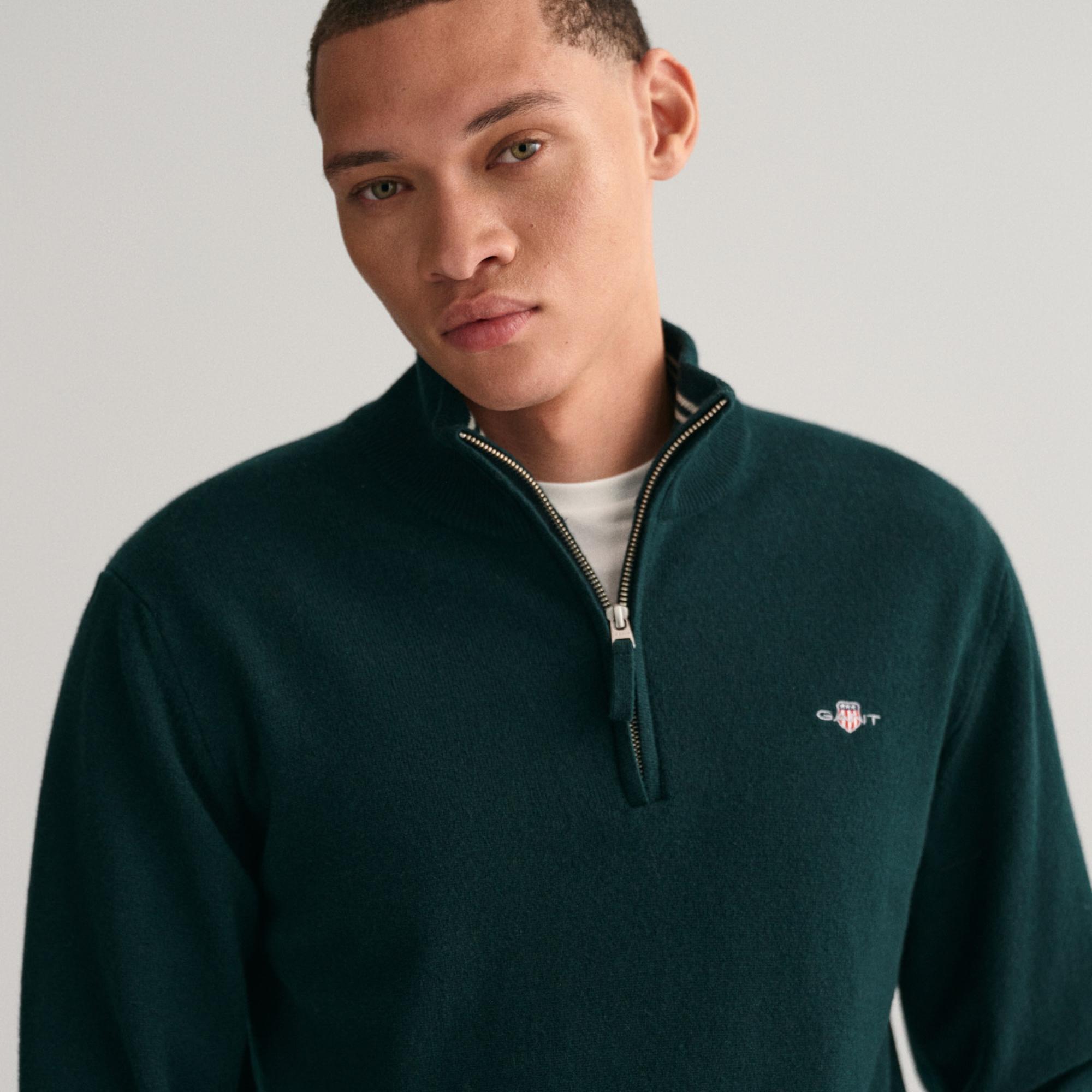 GANT Erkek Yeşil Regular Fit Yarım Fermuarlı Yün Kazak