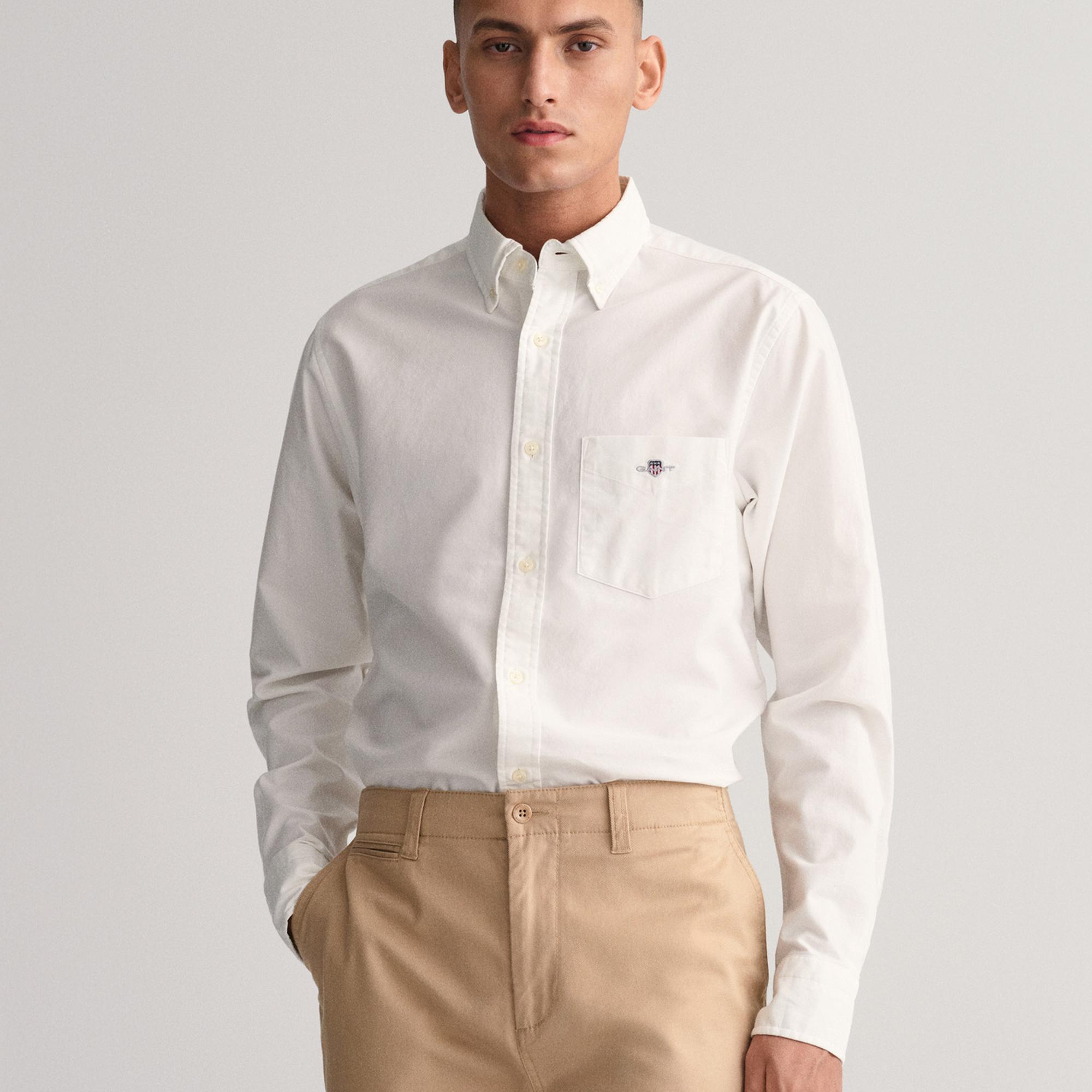 GANT Erkek Beyaz Regular Fit Düğmeli Yaka Oxford Gömlek