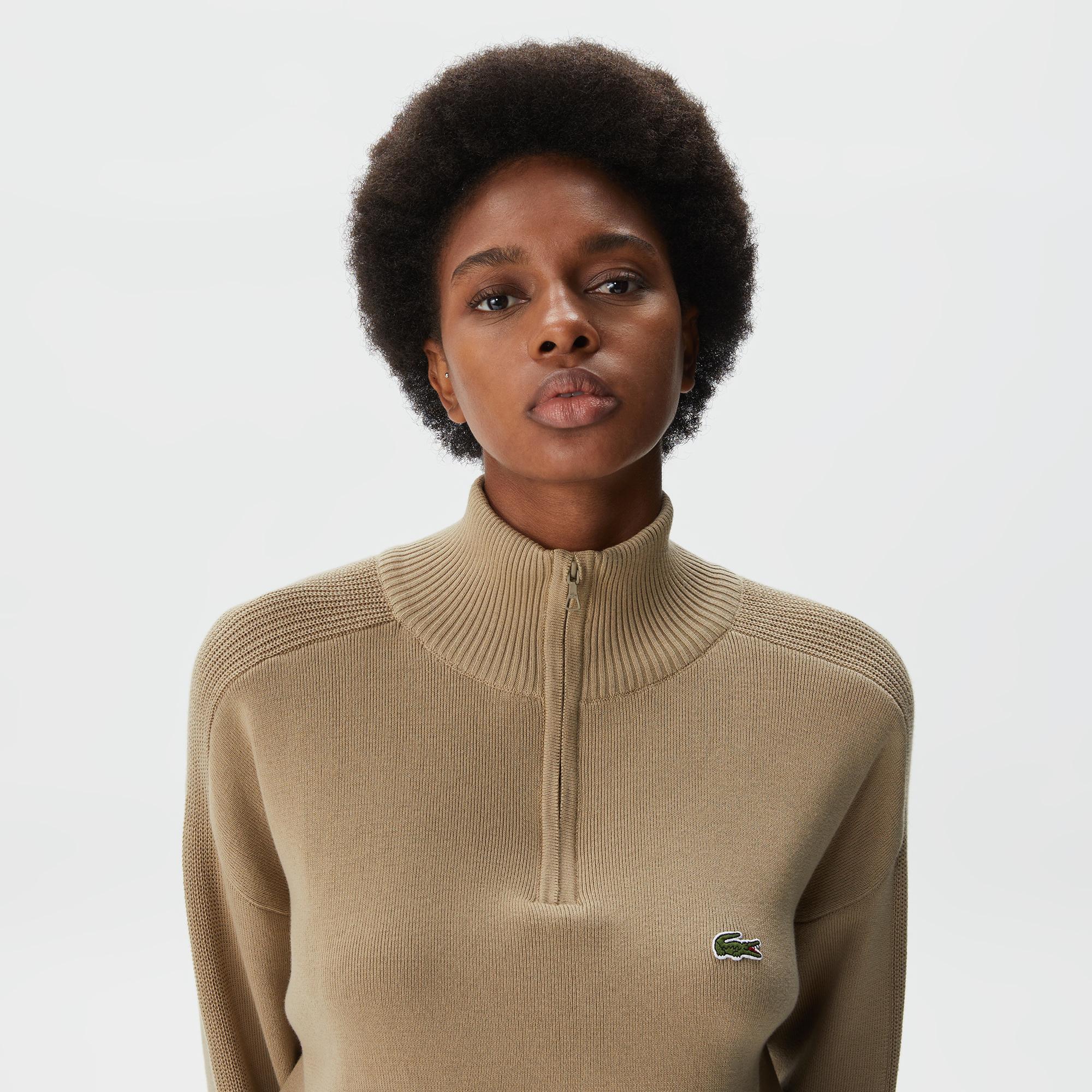 Kadın Relaxed Fit Yarım Fermuarlı Krem Triko