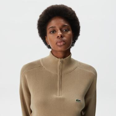  Kadın Relaxed Fit Yarım Fermuarlı Krem Triko