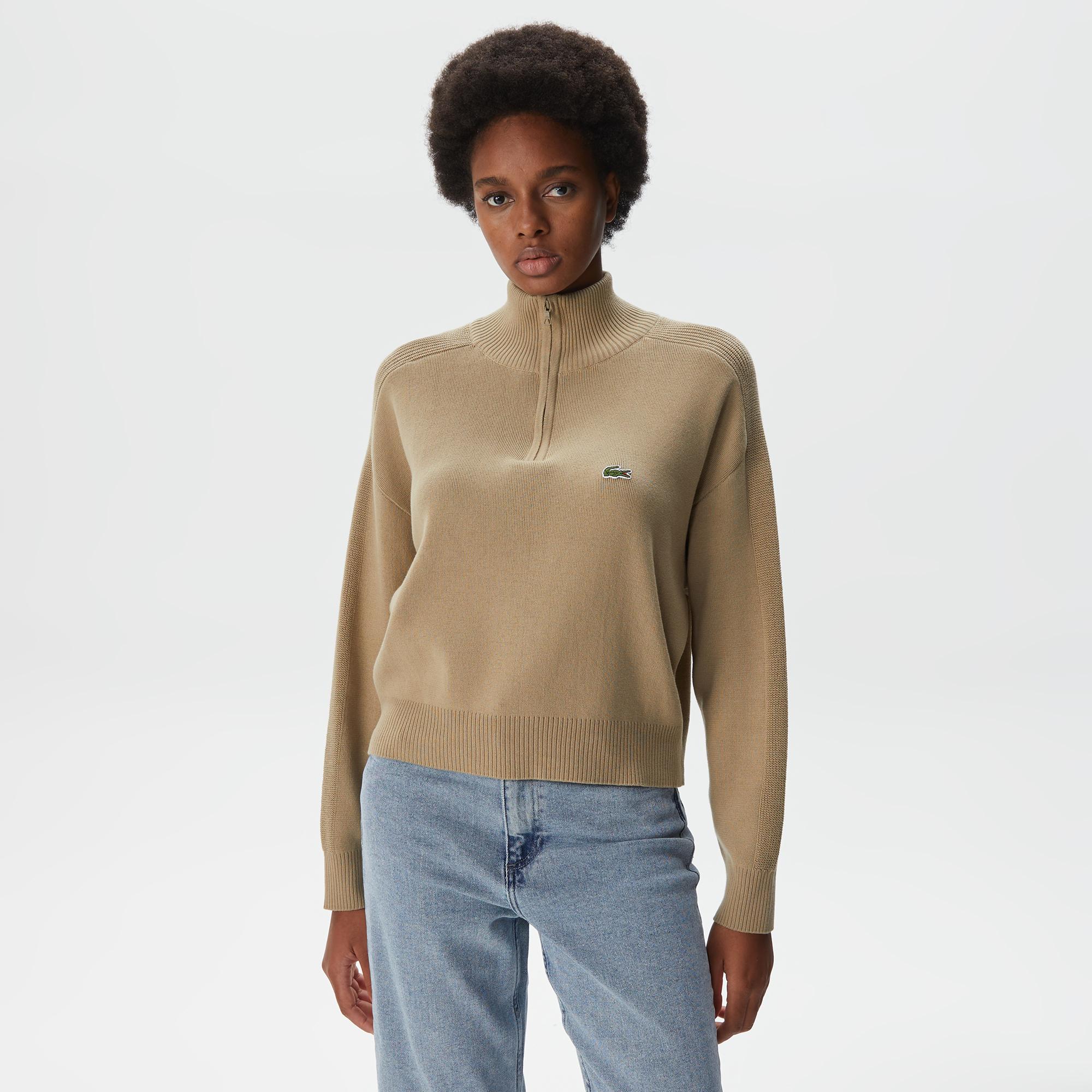 Kadın Relaxed Fit Yarım Fermuarlı Krem Triko