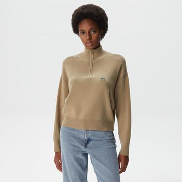  Kadın Relaxed Fit Yarım Fermuarlı Krem Triko