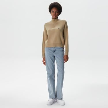  Kadın Relaxed Fit Yarım Fermuarlı Krem Triko