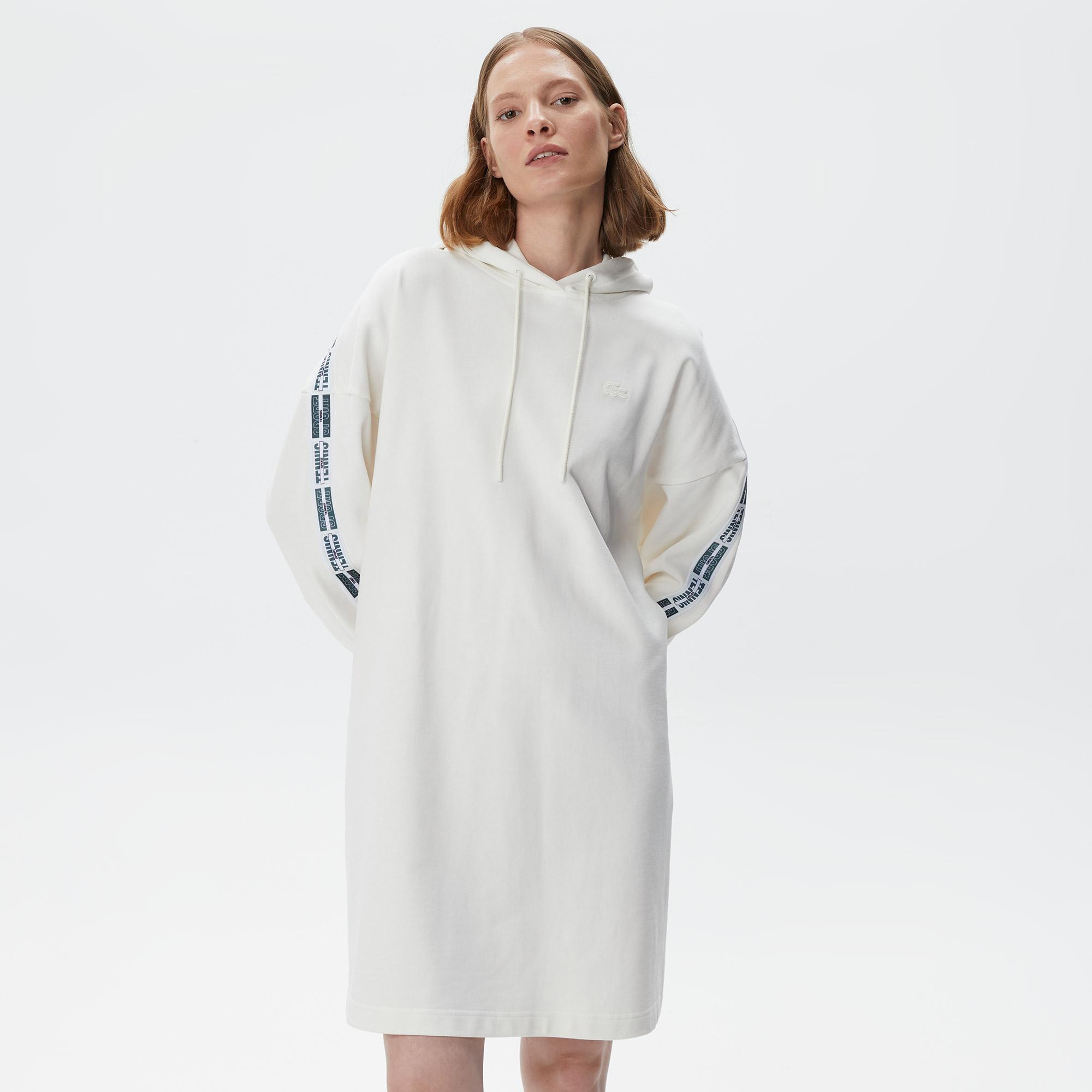 Kadın Loose Fit Truvakar Kollu Kapüşonlu Baskılı Beyaz Elbise