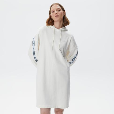  Kadın Loose Fit Truvakar Kollu Kapüşonlu Baskılı Beyaz Elbise