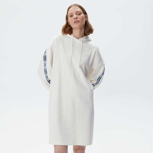  Kadın Loose Fit Truvakar Kollu Kapüşonlu Baskılı Beyaz Elbise