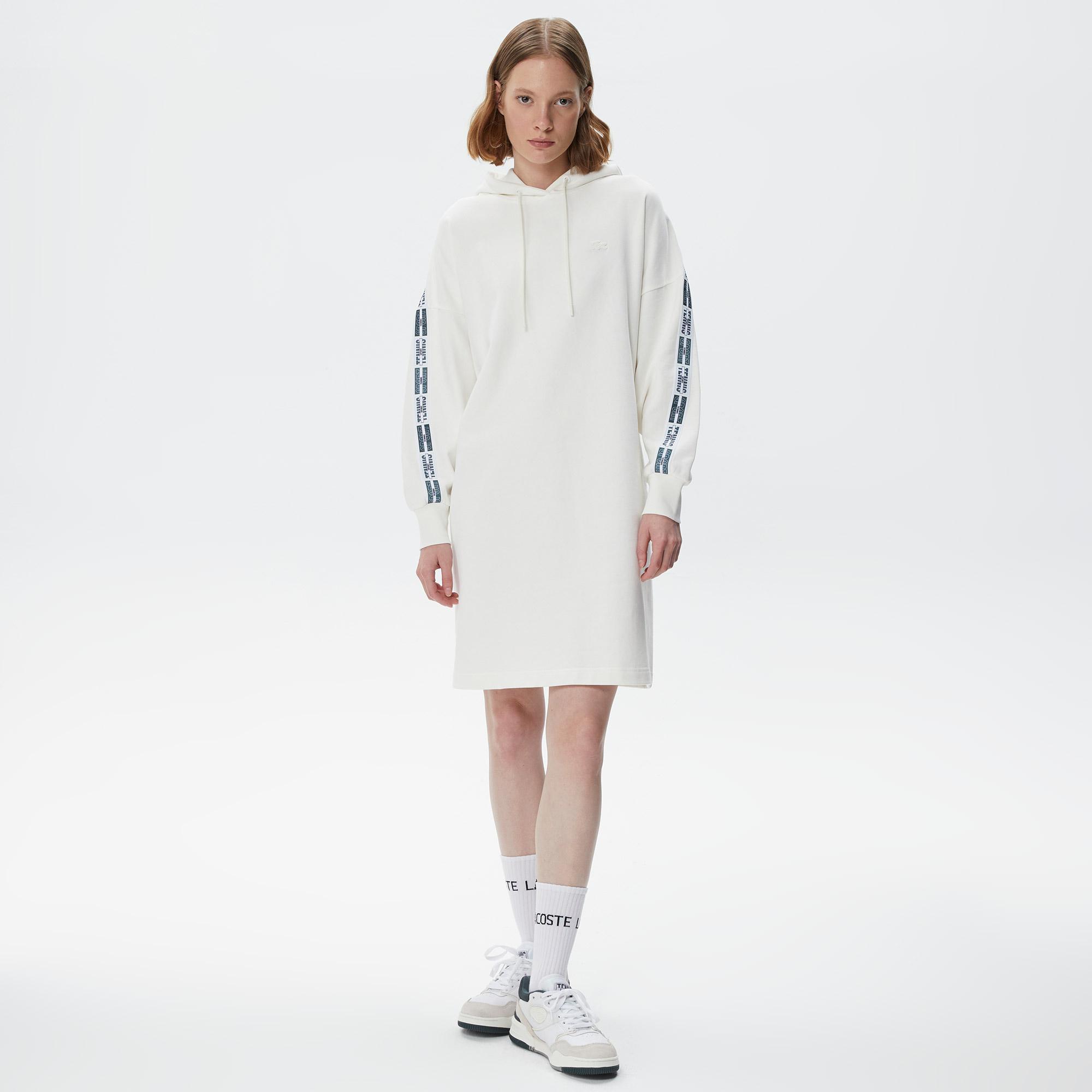 Kadın Loose Fit Truvakar Kollu Kapüşonlu Baskılı Beyaz Elbise