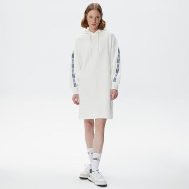  Kadın Loose Fit Truvakar Kollu Kapüşonlu Baskılı Beyaz Elbise