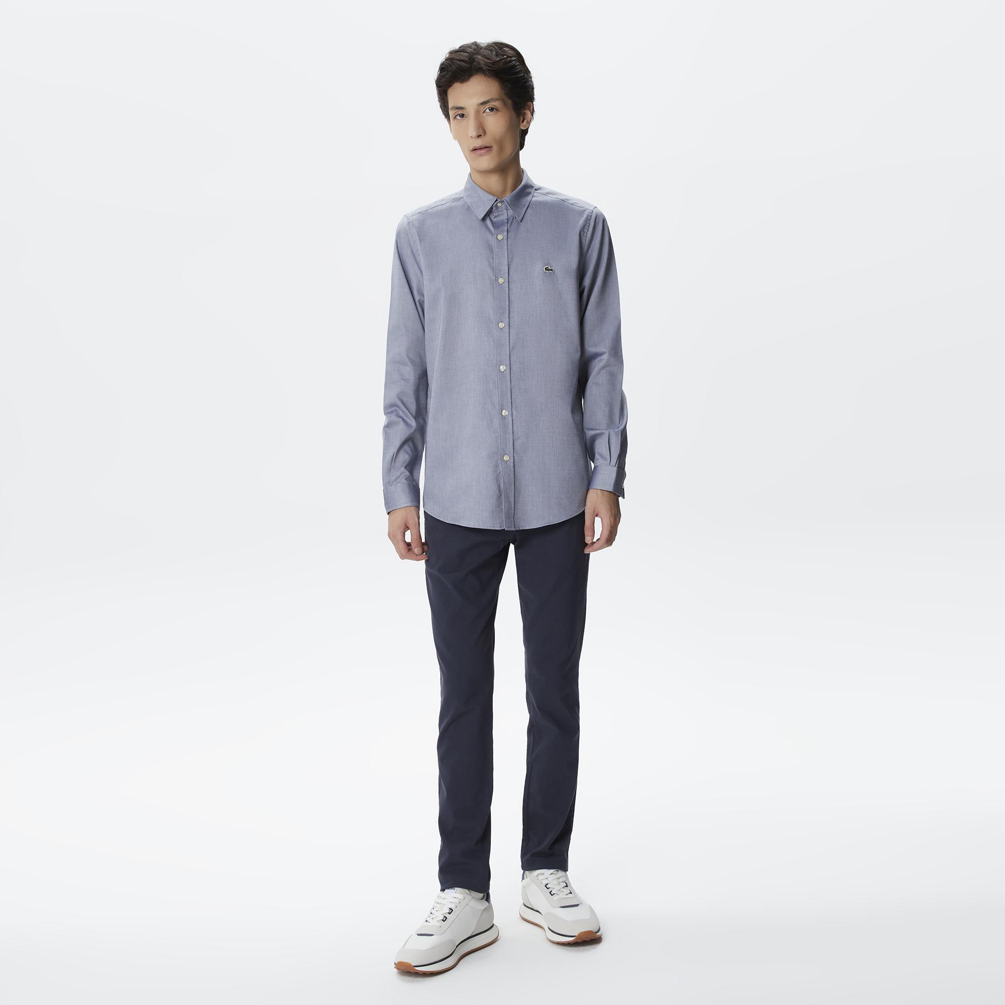 Erkek Slim Fit Düğmeli Yaka Lacivert Gömlek