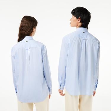  Unisex Relaxed Fit Düğmeli Yaka Çizgili Mavi Gömlek