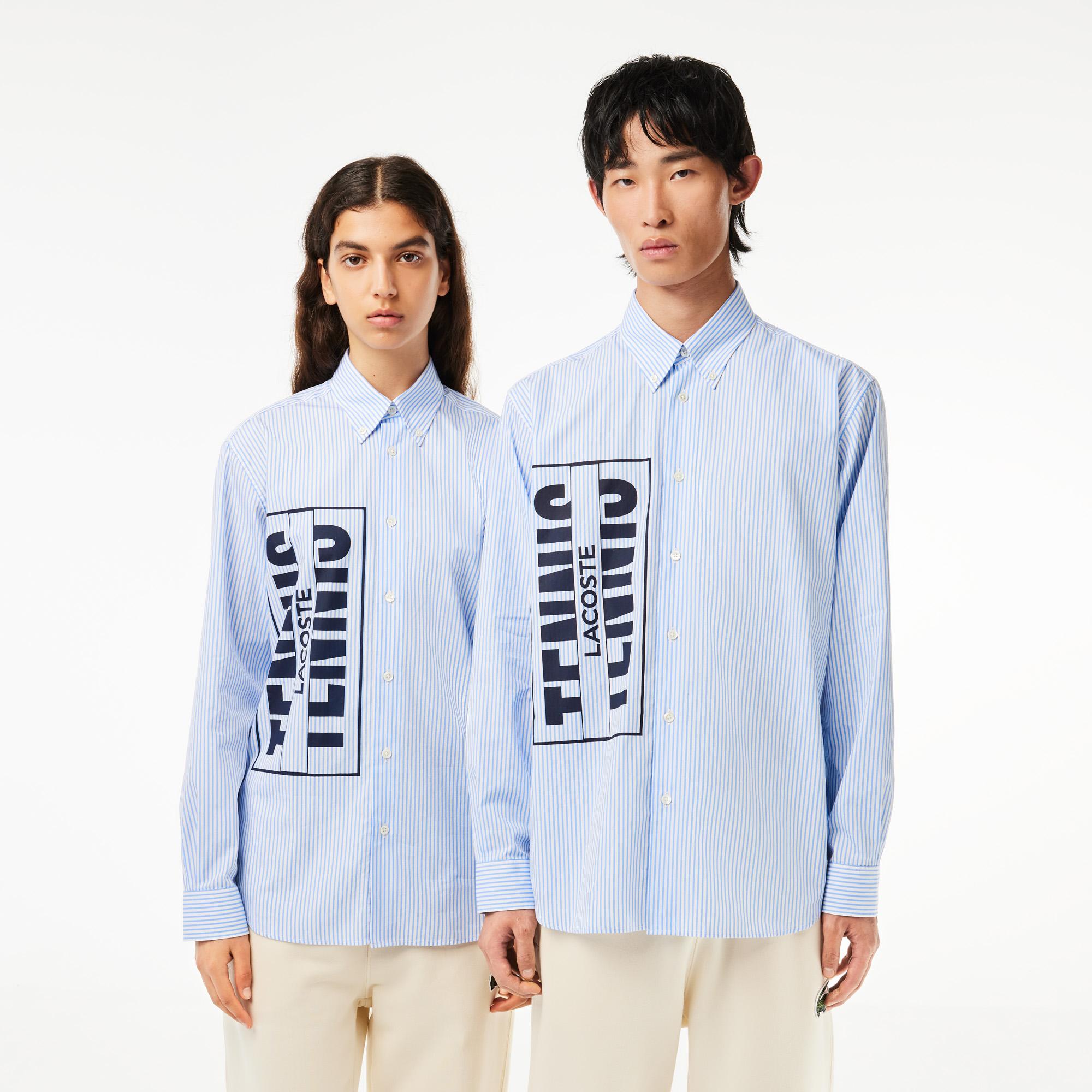 Unisex Relaxed Fit Düğmeli Yaka Çizgili Mavi Gömlek