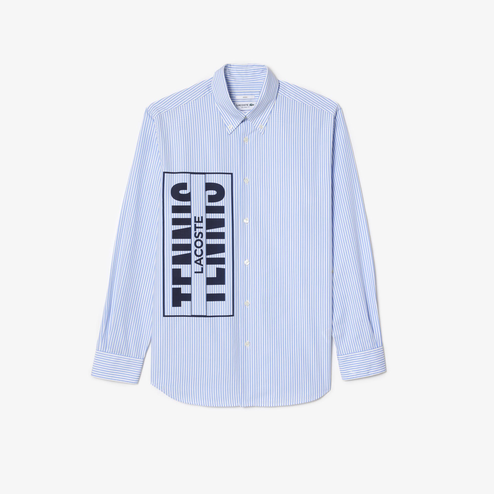 Unisex Relaxed Fit Düğmeli Yaka Çizgili Mavi Gömlek