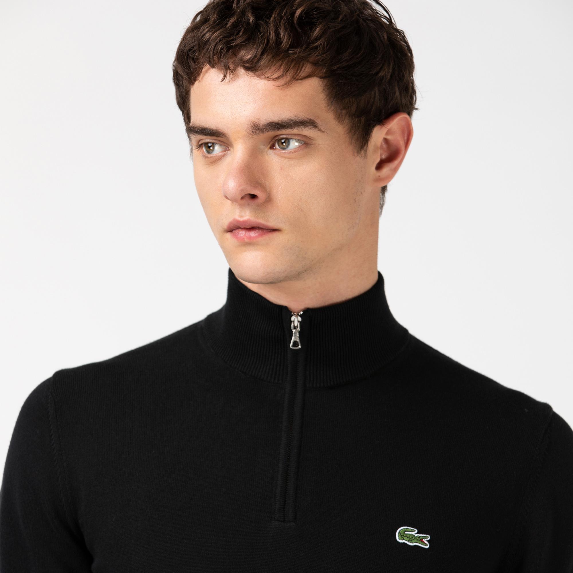 Erkek Regular Fit Yarım Fermuarlı Organik Pamuk Siyah Kazak