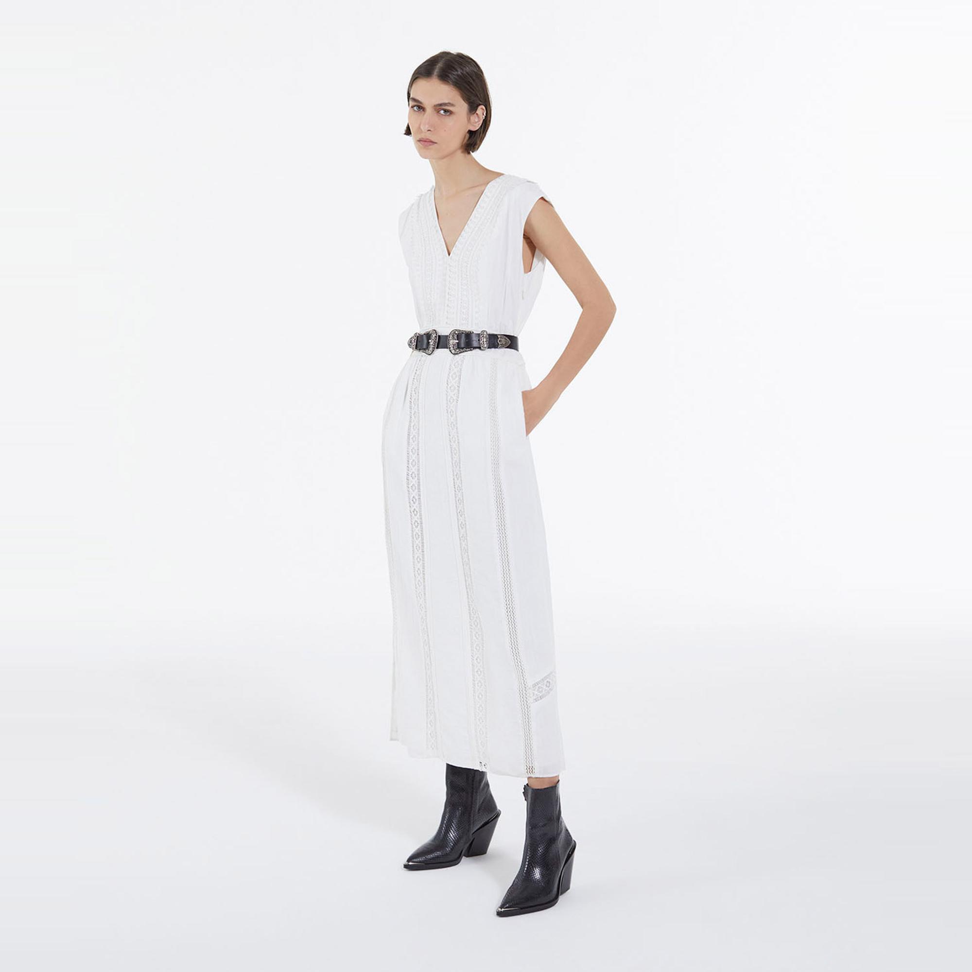 KADIN KOLSUZ BEYAZ NAKIŞLI UZUN ELBİSE